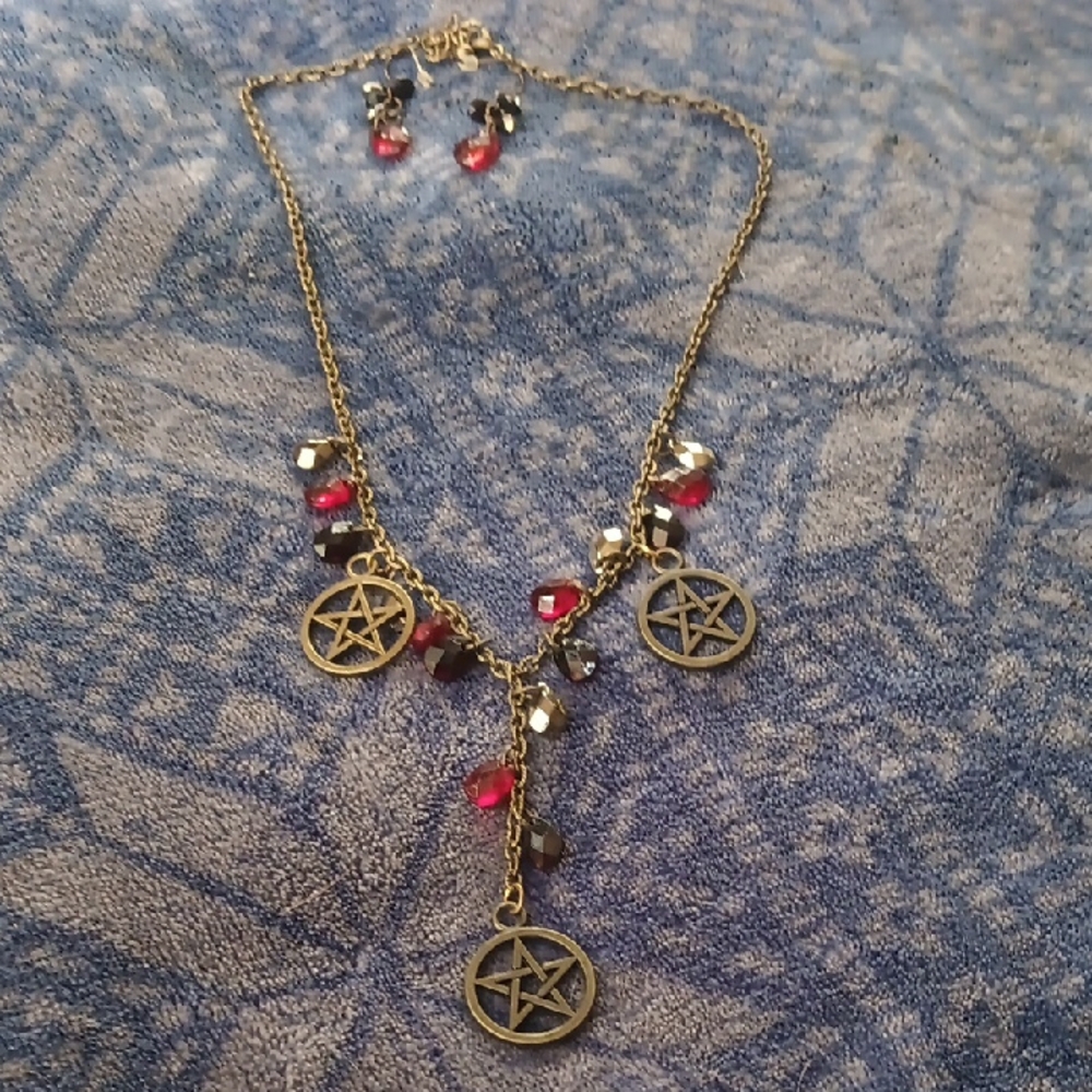 Gold and Red Pentacle Necklace and Earring Set